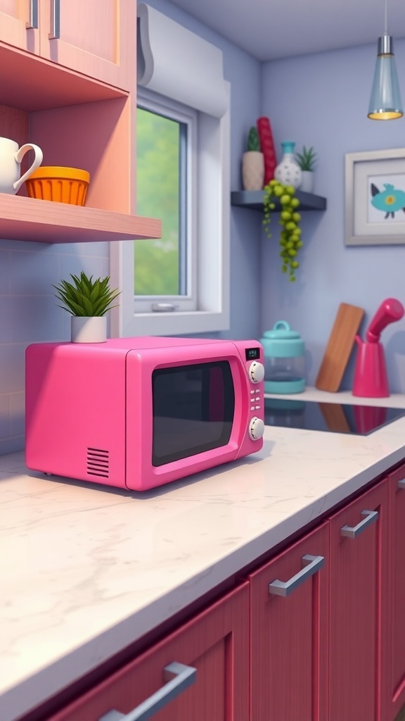 A pink microwave in a Sims 4 kitchen setting, surrounded by modern appliances and decor.
